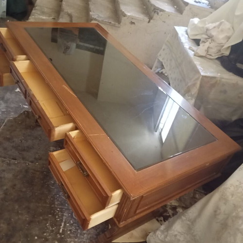 Wooden desk vintage with glass top and 5 drawers