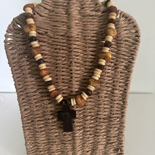 Boho Chic Unisex Necklace with Wooden Beads and Cross in Earthy Tones