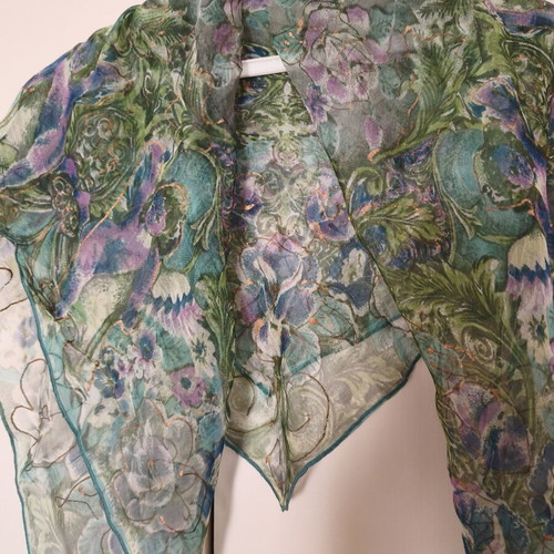 Women's square scarf like new, green chiffon with metallic foil printing