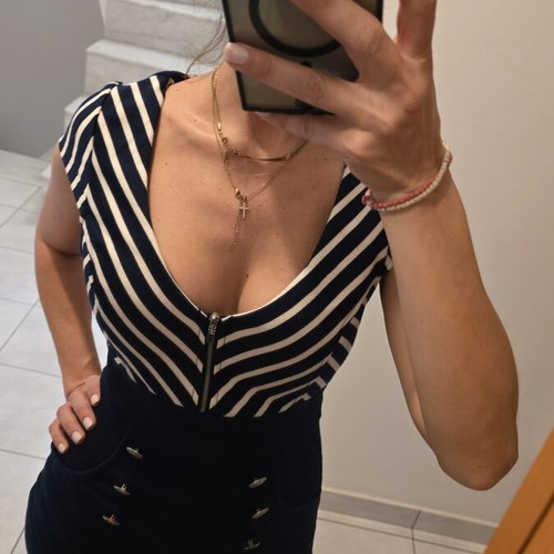 Fitted dress in navy blue with white stripes, used, size M