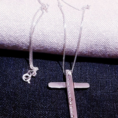 Promise silver 925 cross with white crystals and chain, handmade