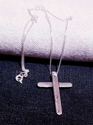 Promise silver 925 cross with white crystals and chain, handmade