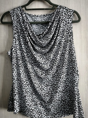 Blouse sleeveless with cowl neck, one size, like new, black and white print