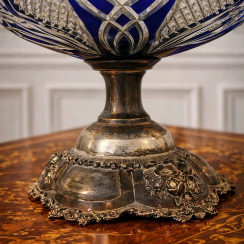 Ajka Crystal Cobalt Blue Bowl with Handmade 925 Silver Base like new, collectible