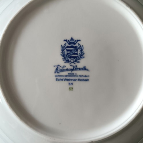 Weimar deep plate from German porcelain with blue cobalt and gold decoration like new
