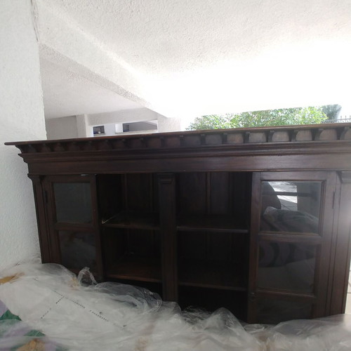 Two-piece walnut wood furniture unit with glass shelves