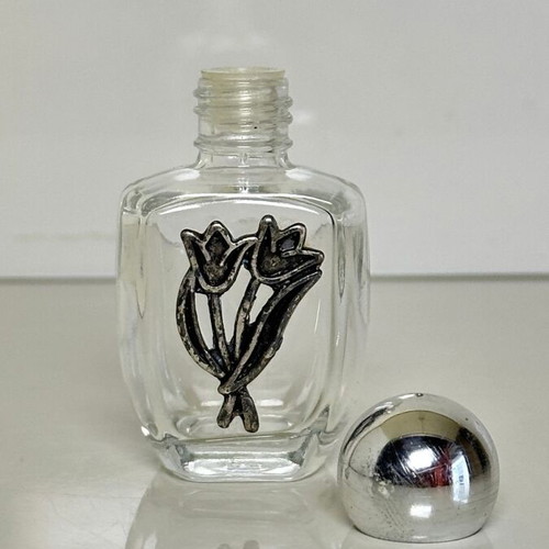 Vintage glass perfume bottle with metal tulip decoration