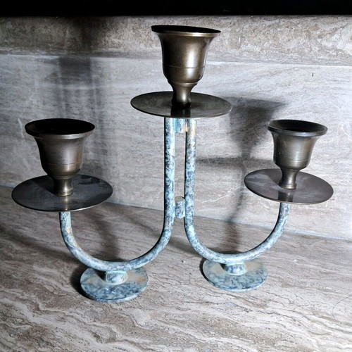 Vintage metal triple candlestick used with natural patina