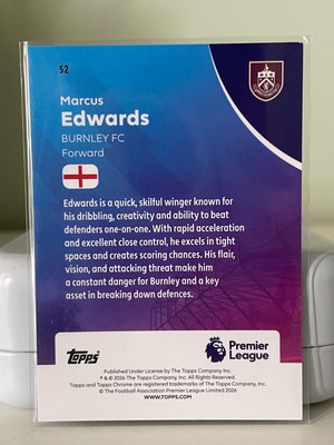 Topps Chrome Premier League κάρτα Marcus Edwards καινούργια, περιορισμένη 50