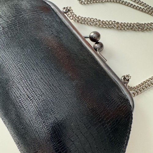 Vintage evening bag black leather with silver details like new
