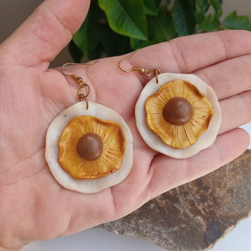 Handmade polymer clay earrings, beige and gold