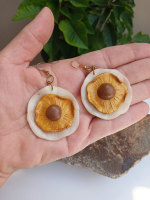 Handmade polymer clay earrings, beige and gold