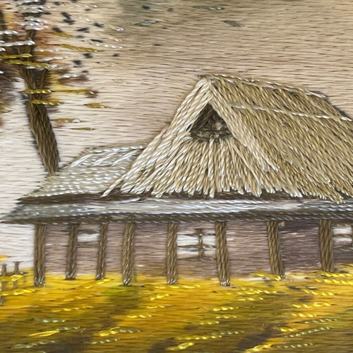 Japanese silk embroidery painting used with frame and glass