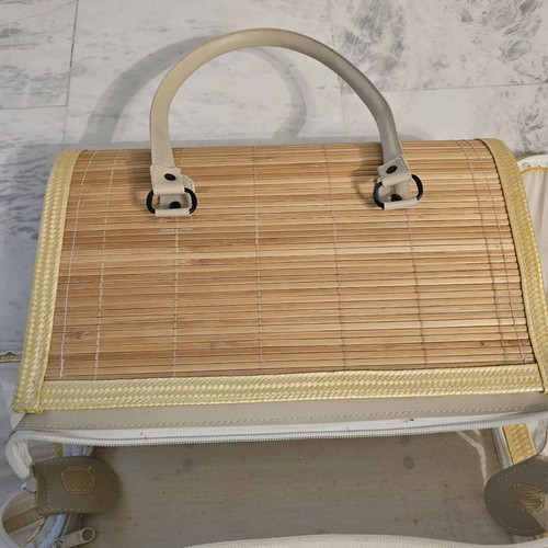 Soft wooden handbag with fabric beige like new