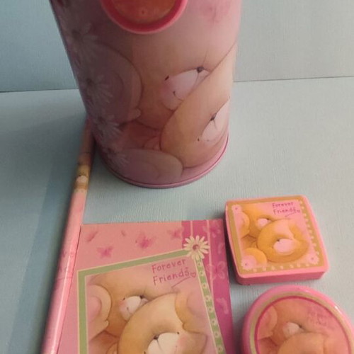 Forever Friends metal pencil holder new with writing set