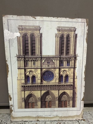 Notre Dame wooden vintage painting used, 80x60 cm