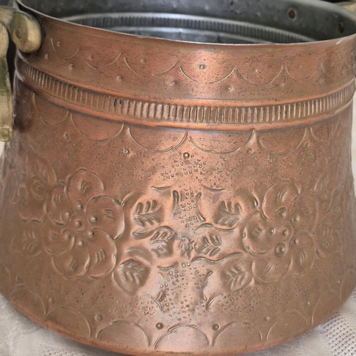 Copper forged cauldron used, antique with embossed designs