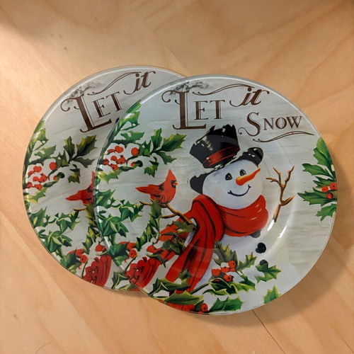 Set of 2 Christmas glass plates "Let it Snow" with snowman, 15cm