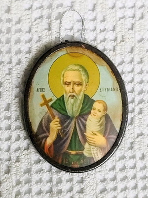 Oval metal icon of Saint Stylianos used, 4x5 cm