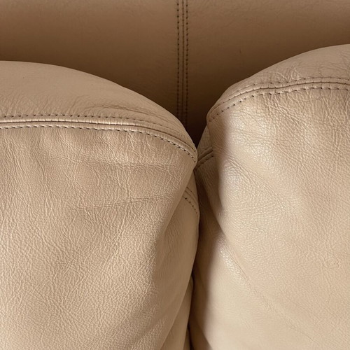 Two-seater leather sofa, beige, handmade, beech frame
