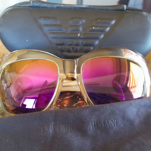 Emporio Armani mirror sunglasses used with iridescent color and white frame
