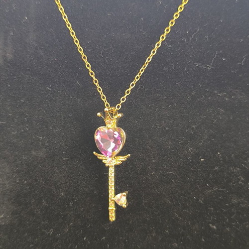 Key of the Heart Necklace with Pink Crystal new
