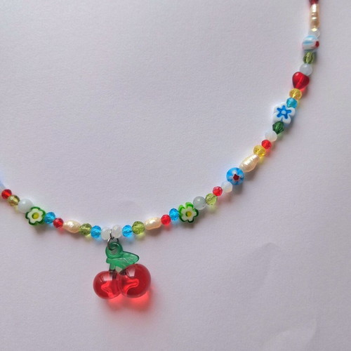 Frutiger Cherry handmade necklace new, silver multicolor