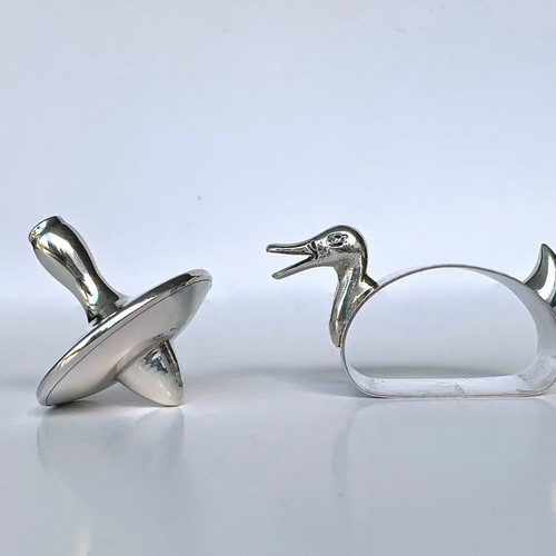Set of 2 silver decorative items 900 & 925 used, duck and spinning top