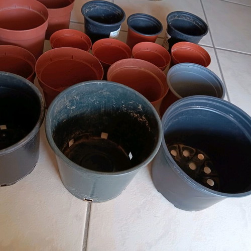 Plastic flower pots used, pack of 22, black and terracotta