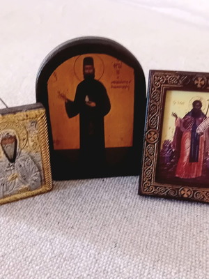 Set of three old wooden religious icons with Saint Spyridon, Saint Ephraim, Saint Meletios
