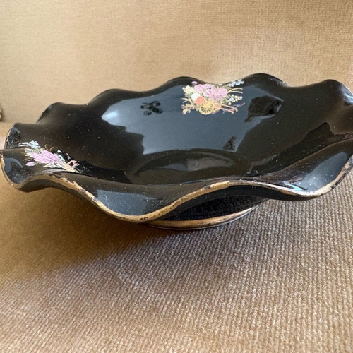 Ceramic decorative bowl 15 cm diameter used, black with floral details