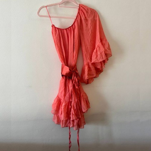 Coral one shoulder silk dress like new with ruffles and satin belt