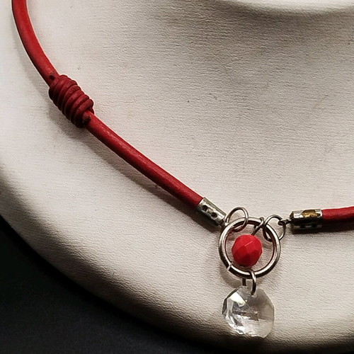 Handmade necklace new with leather and transparent crystals