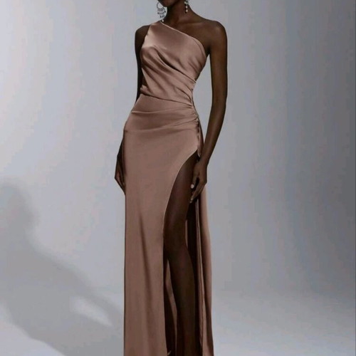 Satin dress Shein new, brown, side slit and open back, size M