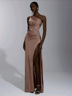 Satin dress Shein new, brown, side slit and open back, size M
