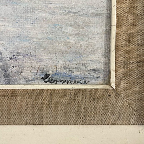 Oil painting used snowy landscape with frame and linen mat