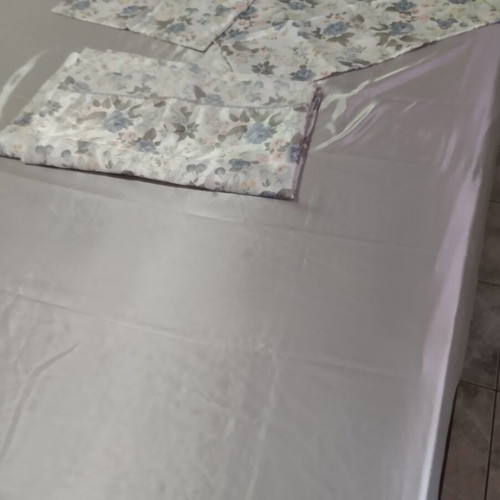 Satin bed sheet set unused, grey fitted sheet and printed top sheet with two pillowcases