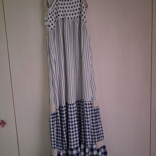 Boho maxi dress like new, patchwork blue and white