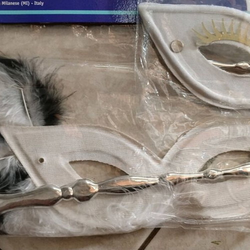 Carnival eye mask with handle in white and black, new