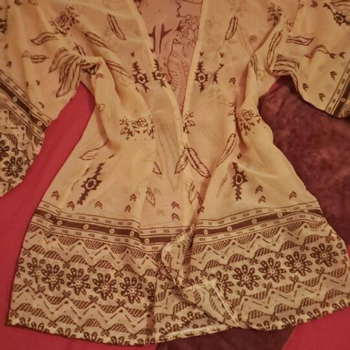 Transparent kimono with wide sleeves and velour leggings like new, beige and brown