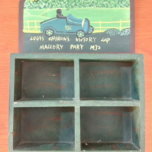 Wooden shelf with 4 compartments, Bugatti Type 35 vintage racing design