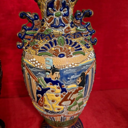 Satsuma vases used, set of 2, Japan, antique with minor rim damage