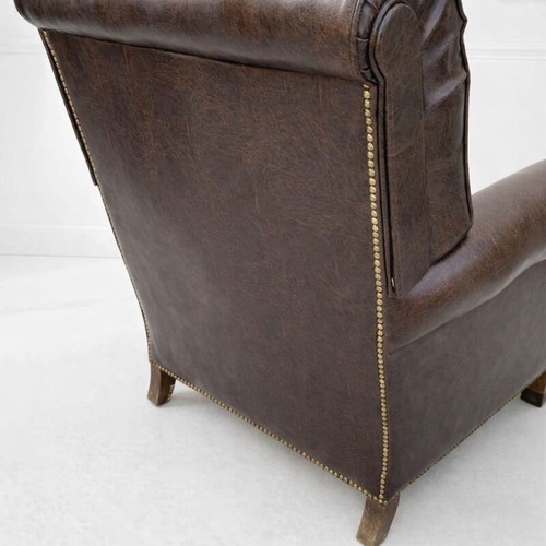 Leatherette Club Armchair Like New with Brass Legs and Studded Trim