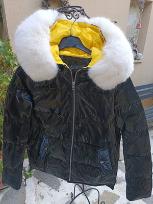 Quilted waterproof jacket new, black with yellow lining and fur hood