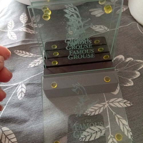 Famous Grouse coaster holder new, wooden with 4 glass coasters