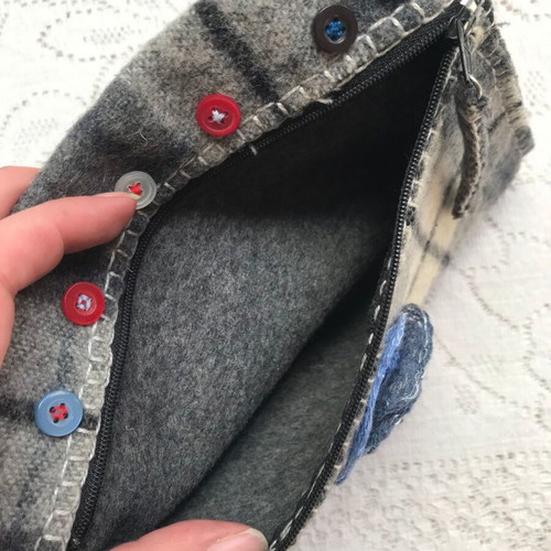 Checked Gray Felt Handmade Toiletry Bag New with Zipper