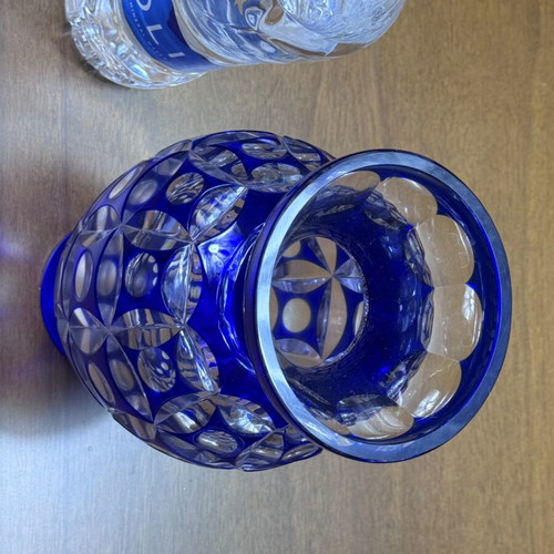 Vintage handmade ultramarine blue glass vase with geometric optical art