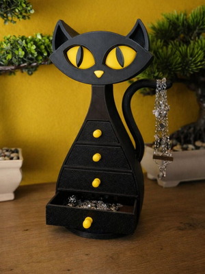 Cat jewelry box new, black and yellow