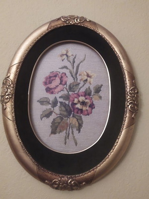 Oval wall frame with handmade embroidery, 47 cm height, like new