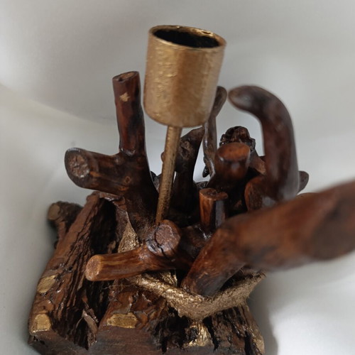Handcrafted Driftwood Art Candle Holder with Gold Accents